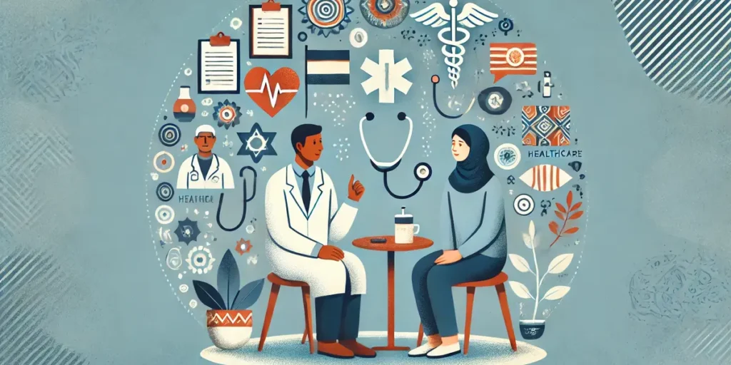  A healthcare provider and a patient from different cultural backgrounds engaging in a conversation with symbols of various cultures and healthcare tools in the background.