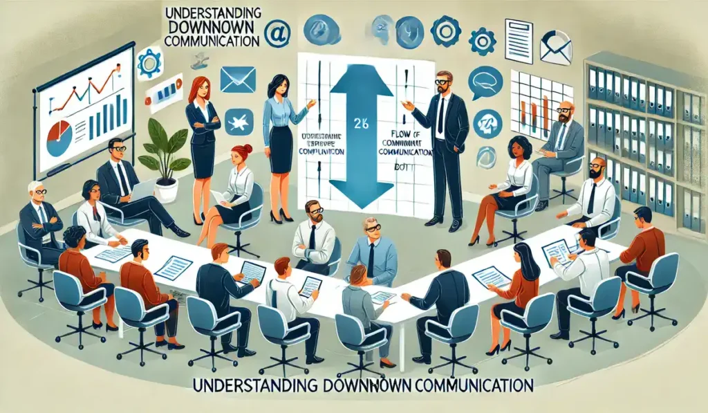 Office meeting illustrating the flow of downward communication from manager to employees.