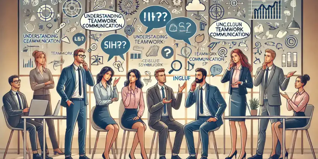 Illustration of team members in an office, showing miscommunication and lack of clarity with speech bubbles containing unclear symbols and different languages.