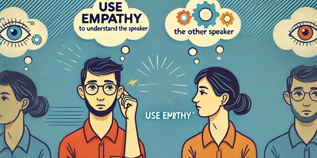 Person showing empathy by listening intently and expressing understanding, with thought bubbles indicating perspective-taking.