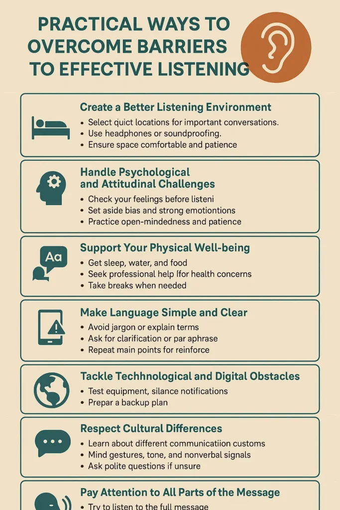 Infographic displaying eight practical strategies to overcome barriers to effective listening, each with a realistic icon and clear tips.