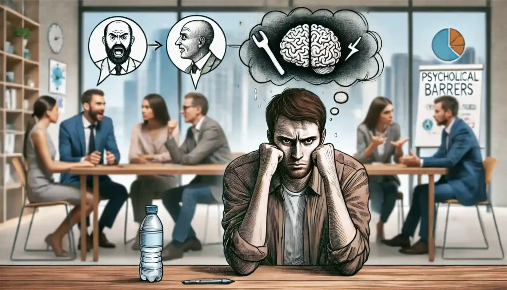 Person with a stressed and angry expression, sitting in a meeting room, looking disengaged while others talk.