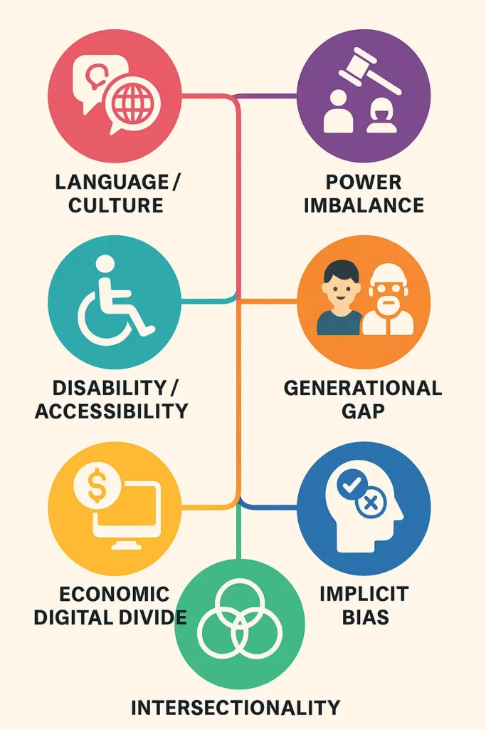 Infographic showing main social barriers—language, power, disability, age, digital access, bias, and intersectionality.