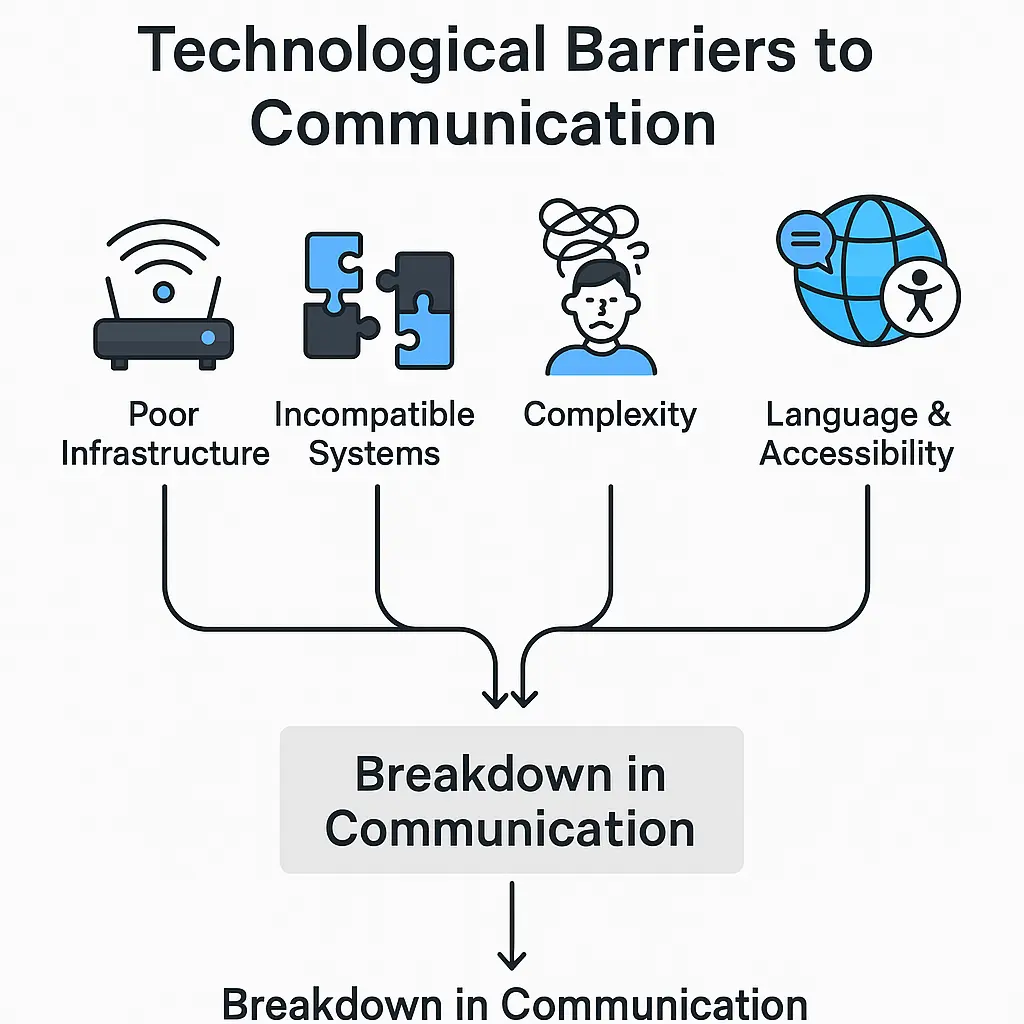 Infographic visually explaining five technological barriers to effective communication, with clear, relatable icons and connecting arrows.