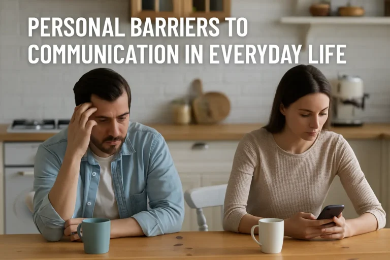 two people at a kitchen table, emotionally distant and distracted, symbolizing personal barriers to communication.