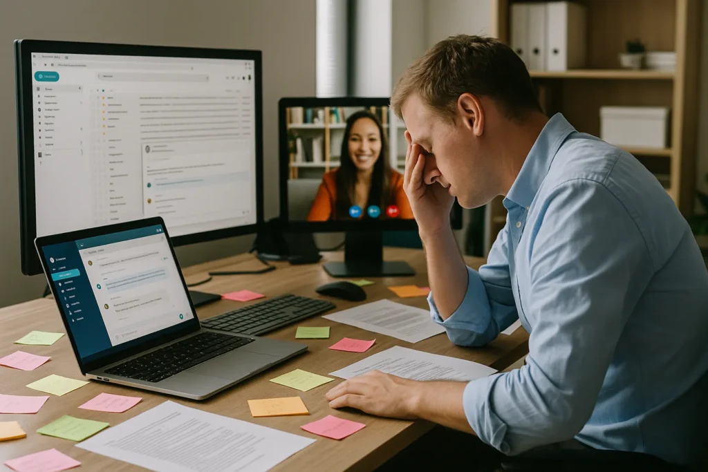 A photo of a stressed office worker at a cluttered desk, surrounded by multiple screens filled with emails, chat messages, and a video call.