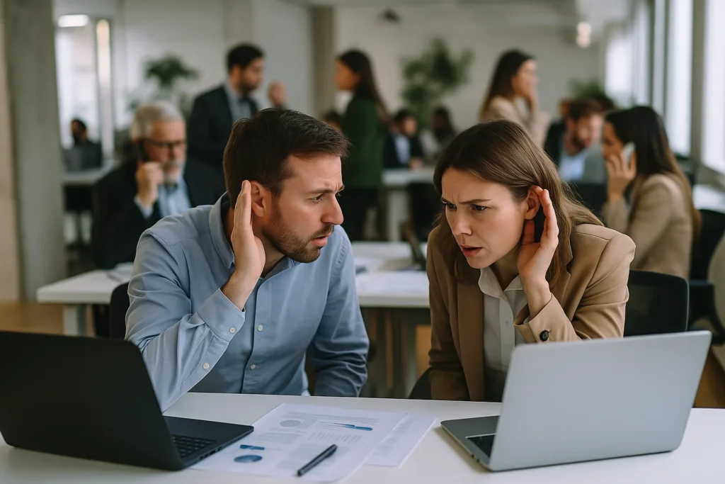 two professionals at a white desk in a bustling open office, leaning forward and cupping their ears, struggling to hear each other while colleagues talk on phones in the background.