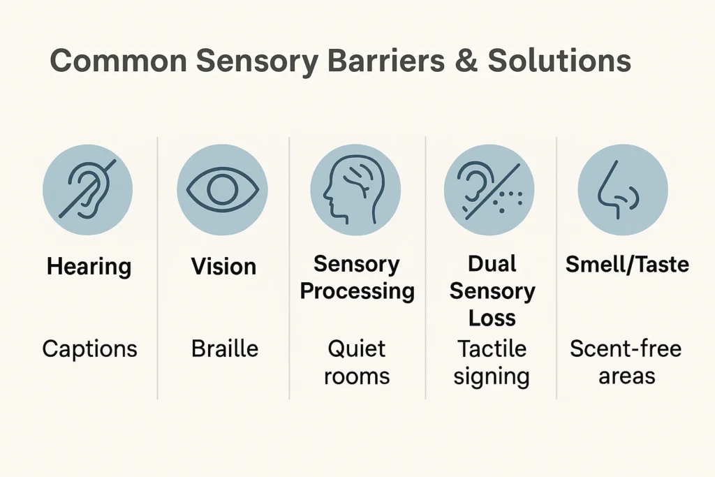 Infographic with icons for hearing, vision, sensory processing, dual sensory loss, and smell/taste barriers, each matched with a solution.
