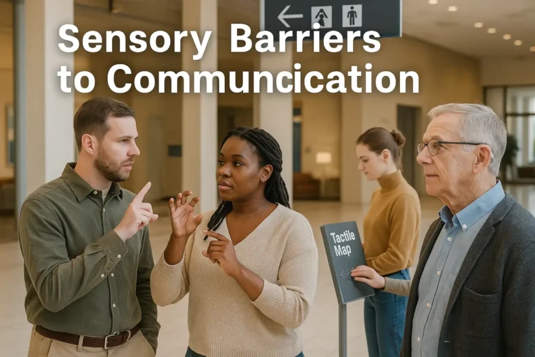 Diverse group using sign language, braille, and hearing aids in an accessible public area, illustrating sensory barriers to communication.