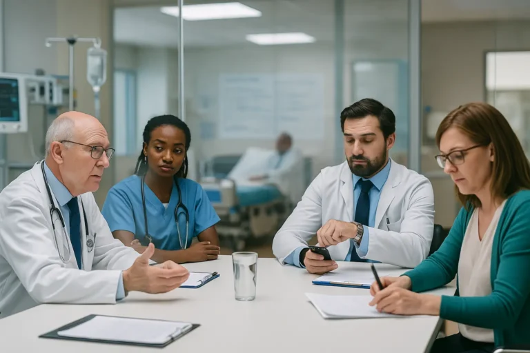 A modern healthcare team meeting with visible signs of distraction and separation, representing barriers to interprofessional collaboration in healthcare.