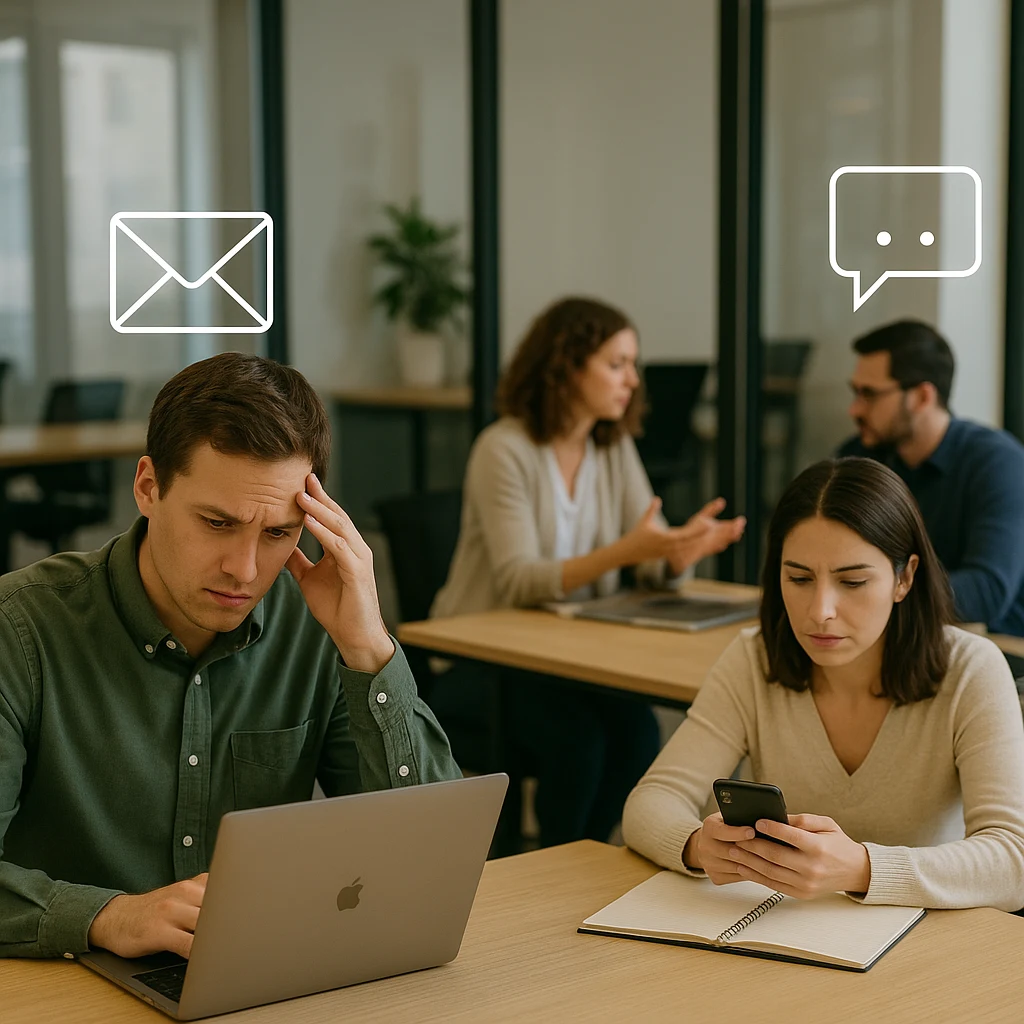 A modern office with several coworkers working at desks and in small groups. In the foreground, one employee looks frustrated as they read a long, sensitive email on their laptop.