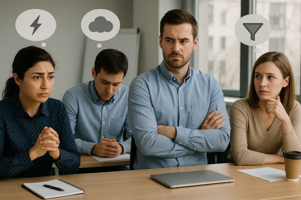 Several coworkers are around a table, but their body language and facial expressions reveal emotional and psychological barriers.