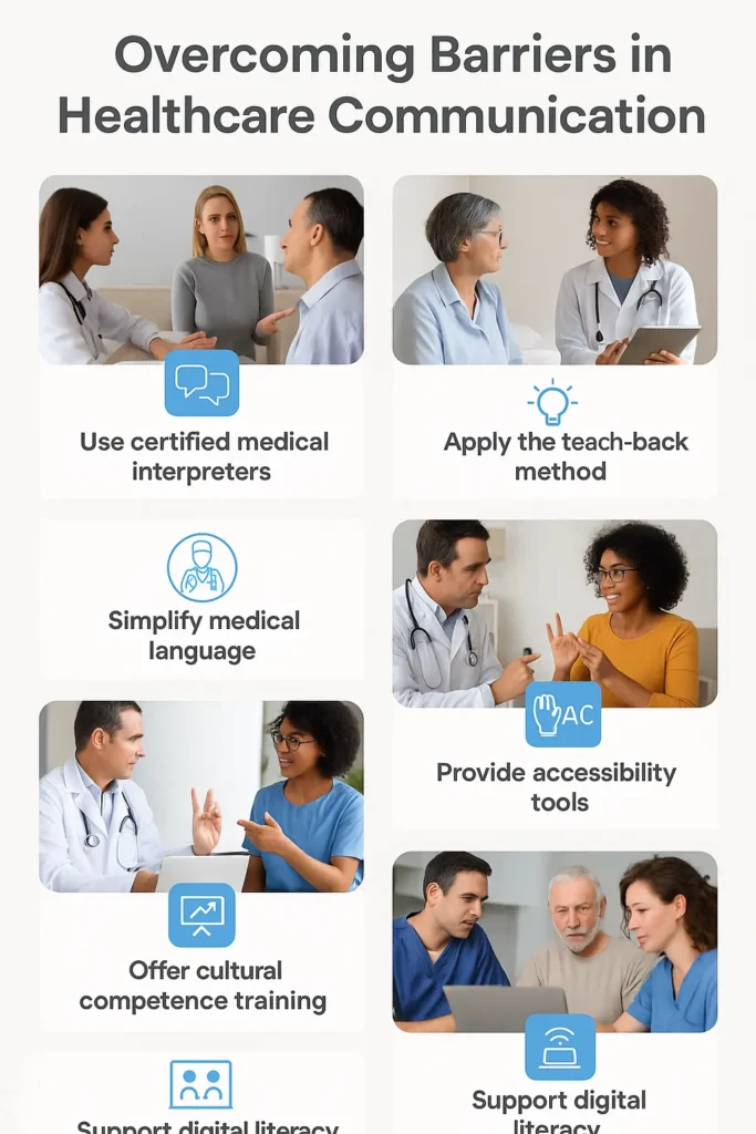 A modern infographic with photos of healthcare professionals and patients, each section illustrating a solution: