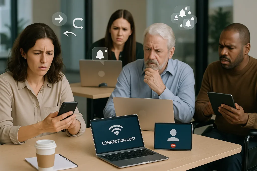 A modern office or conference room with several coworkers around a table. Some are frustrated by slow internet or technical problems—a laptop shows a “connection lost” message, one person looks confused at a smartphone.