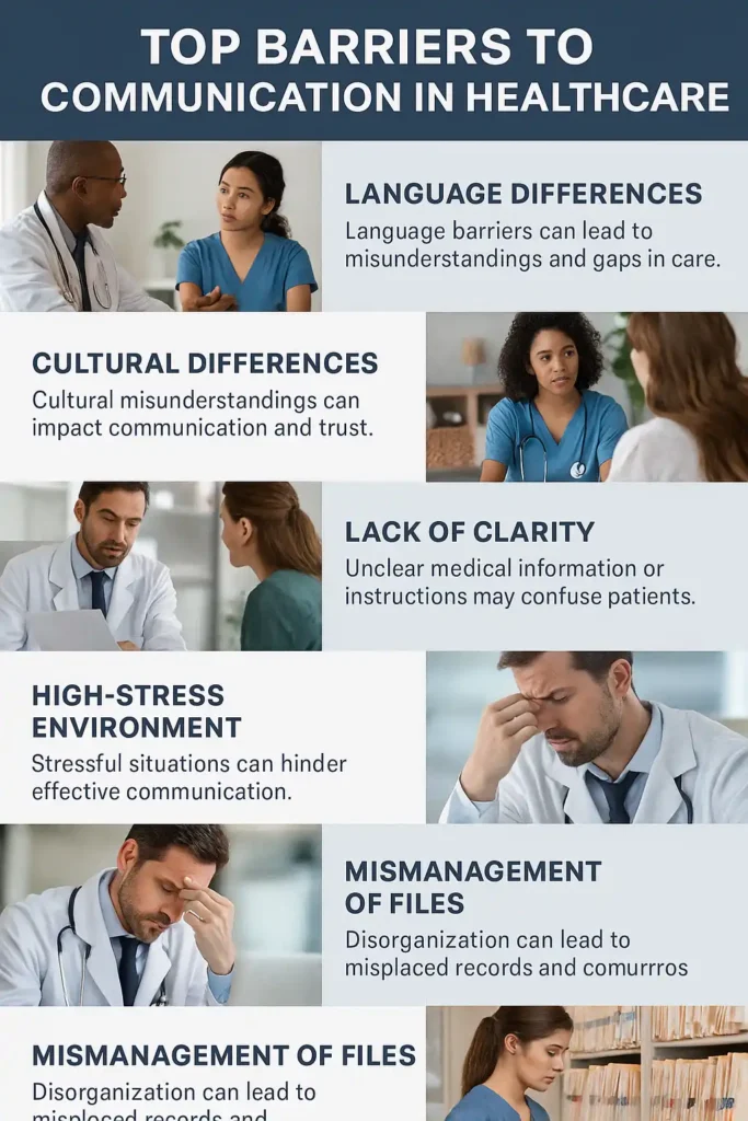 Infographic with realistic images of healthcare professionals and patients illustrating language differences, cultural differences, lack of clarity, high-stress environments, and mismanagement of files.
