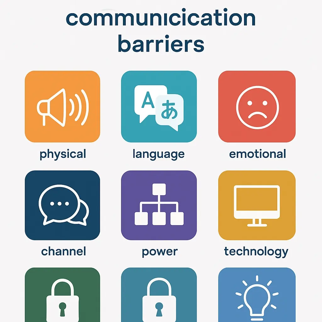 Infographic displaying icons and brief captions for main communication barriers: physical, language, emotional, cultural, channel, power, technology, legal, and perceptual.