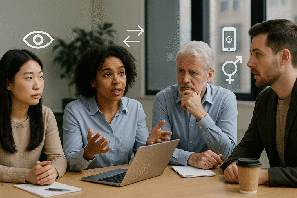 A diverse group of people (different ages, genders, and ethnic backgrounds) are seated around an office table.