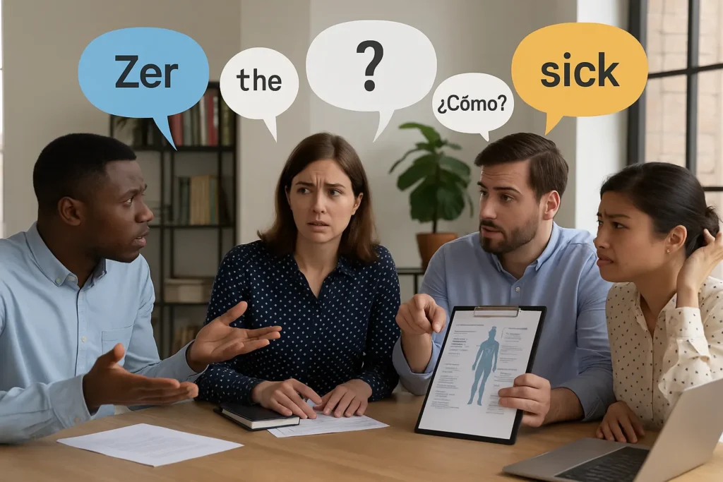 Coworkers in a meeting look confused as speech bubbles above them show different languages, slang, and jargon, illustrating language barriers at work.