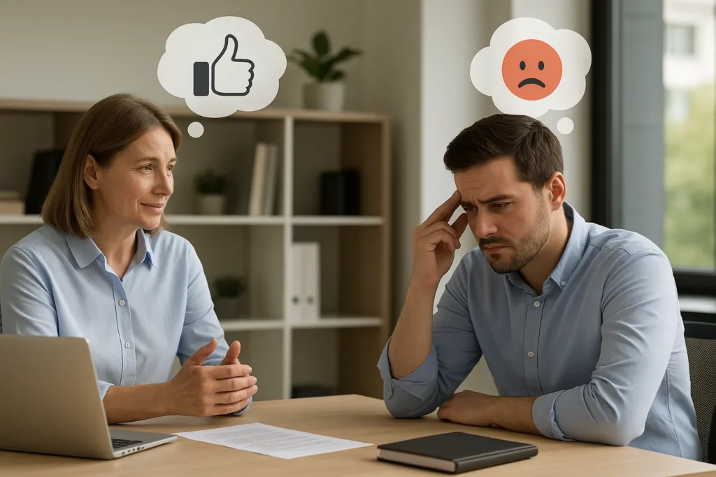 Scene Description:
Two coworkers are having a conversation in a bright, modern office. The manager, with a gentle expression, gives feedback across a desk.