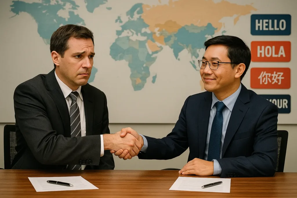 Two professionals from different cultures shake hands at a meeting table, their expressions hinting at uncertainty and cultural differences in nonverbal communication.