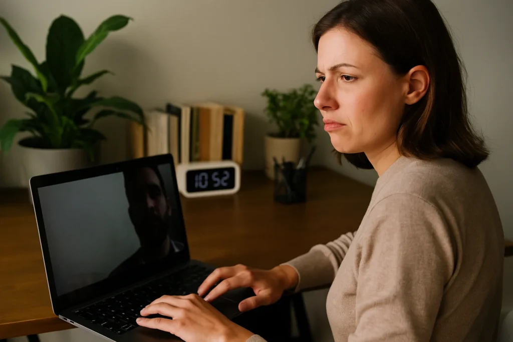A woman participates in a video call from home, struggling to read nonverbal cues from a poorly lit, out-of-frame colleague, representing digital barriers.