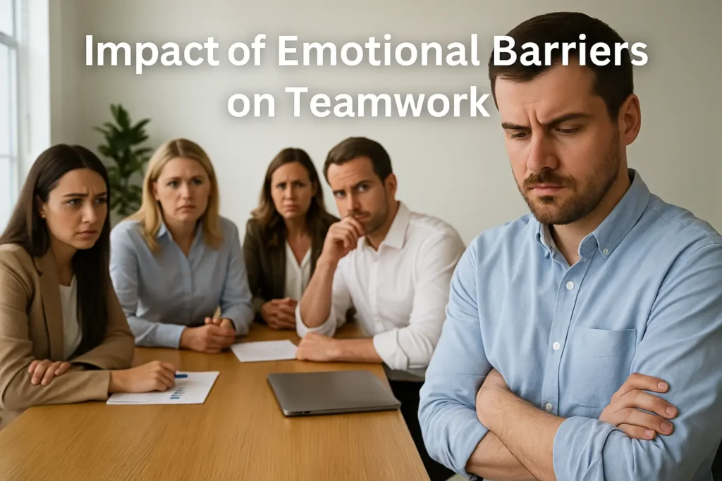office photo of a withdrawn male team member sitting apart while a group of colleagues exchanges concerned looks in a meeting, visually representing the negative effects of emotional barriers on team collaboration.