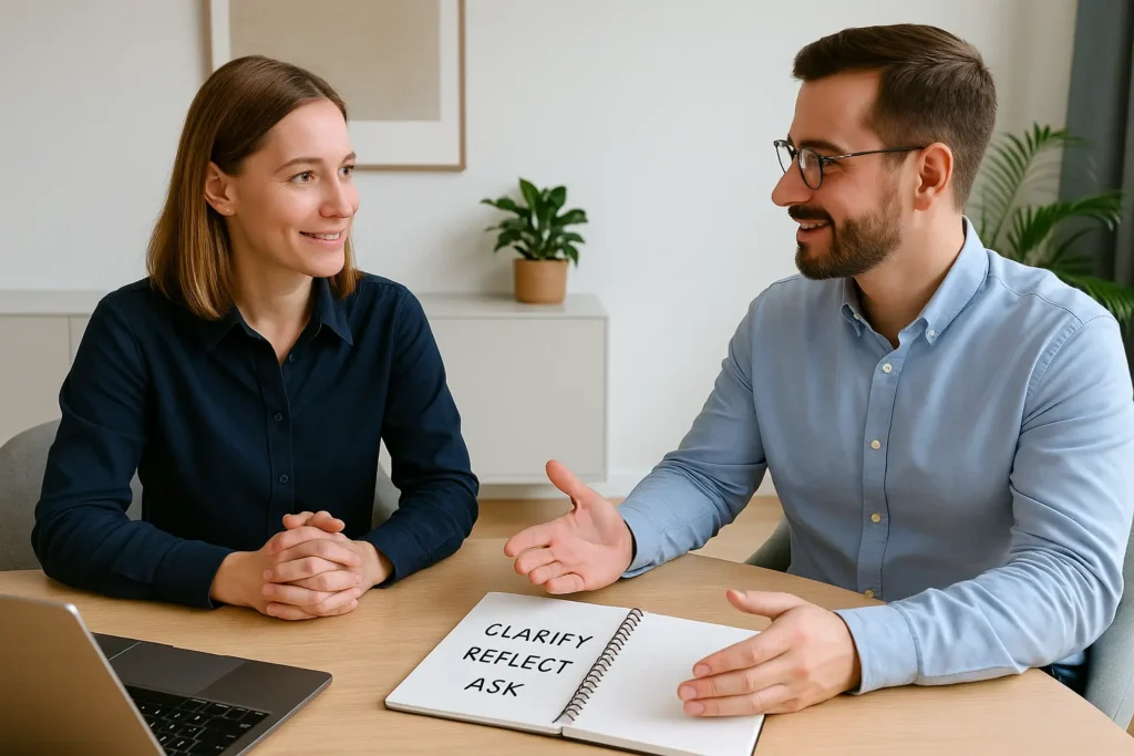 modern meeting room with two professionals sitting across from each other, both smiling and nodding in understanding.