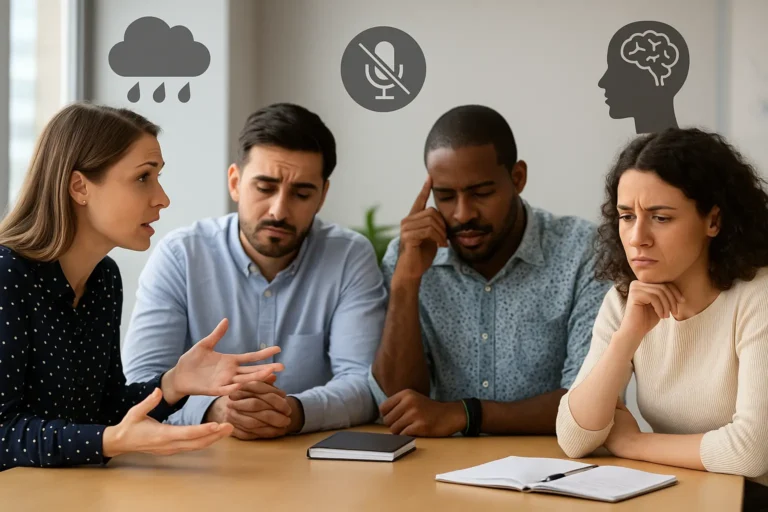 An office meeting scene with visible signs of stress, bias, and misunderstanding—representing psychological barriers to communication.