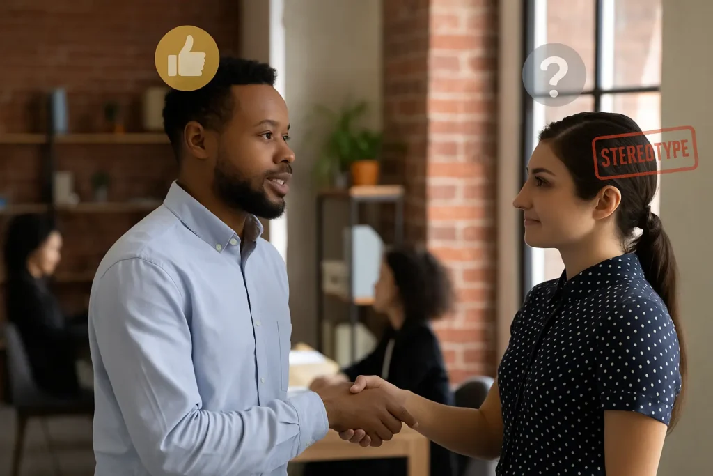A realistic office photo of two coworkers meeting and shaking hands for the first time