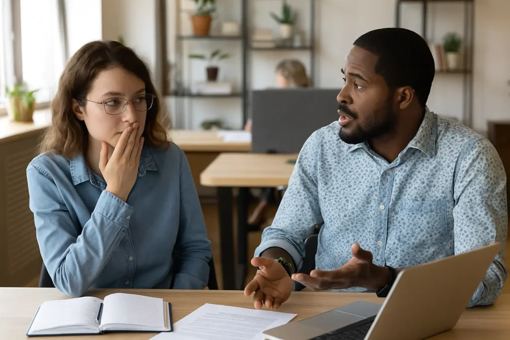  An office scene shows a woman looking uncertain while her coworker explains something, highlighting hesitation and hierarchy