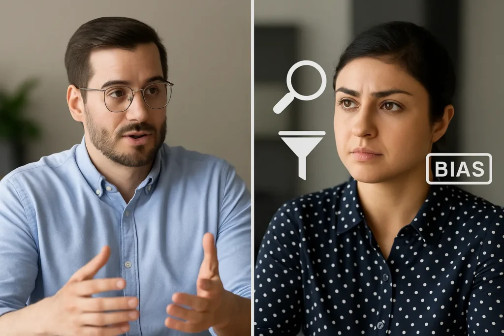 A side-by-side image of two professionals: one is speaking with confidence, while the other listens with overlay icons 